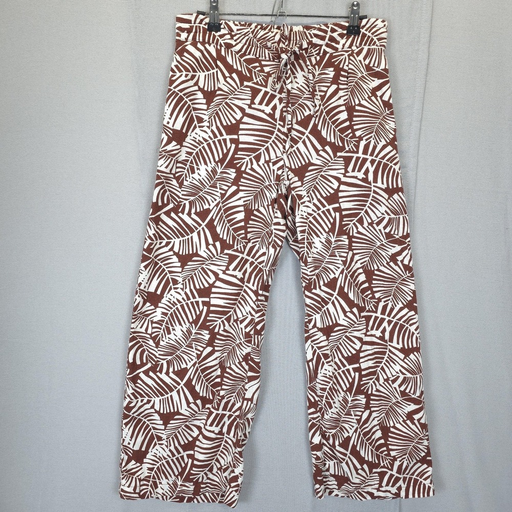 Per Se Pants Linen Blend Women S White Brown Palm Leaf Wide Leg Casual Trousers
